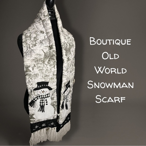 VINTAGE Old World Snowman Holiday Quilted Scarf Black Excellent Condition - Picture 1 of 15